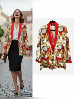 VTG 90s JKLA California Classic Chain Print Red Cardigan Blazer Size S